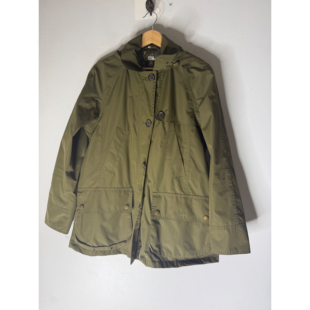 Barbour Waterproof Hooded Jacket Olive Green Floral Lining Women 6 UK 10